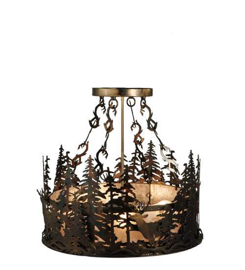 Meyda Lighting Deer at Dusk 22" 4-Light Dark Burinished Antique Copper Inverted Pendant Light With Silver Mica Shade Glass