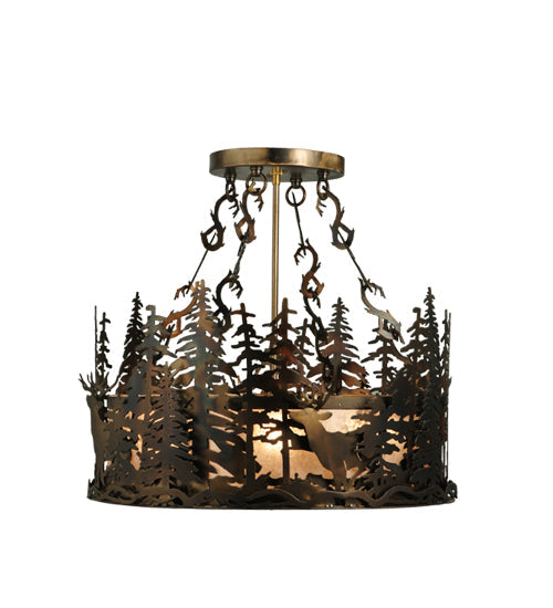 Meyda Lighting Deer at Dusk 22" 4-Light Dark Burinished Antique Copper Inverted Pendant Light With Silver Mica Shade Glass