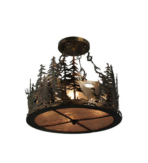 Meyda Lighting Deer at Dusk 22" 4-Light Dark Burinished Antique Copper Inverted Pendant Light With Silver Mica Shade Glass