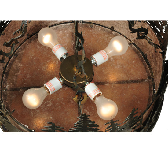Meyda Lighting Deer at Dusk 22" 4-Light Dark Burinished Antique Copper Inverted Pendant Light With Silver Mica Shade Glass