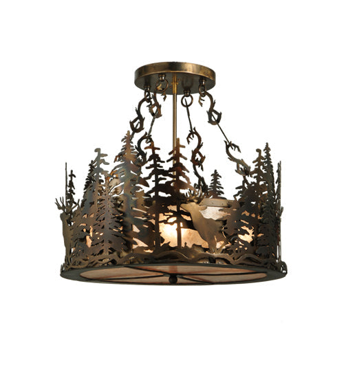 Meyda Lighting Deer at Dusk 22" 4-Light Dark Burinished Antique Copper Inverted Pendant Light With Silver Mica Shade Glass