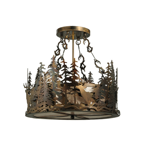 Meyda Lighting Deer at Dusk 22" 4-Light Dark Burinished Antique Copper Inverted Pendant Light With Silver Mica Shade Glass