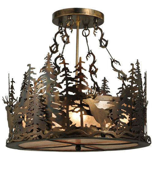 Meyda Lighting Deer at Dusk 22" 4-Light Dark Burinished Antique Copper Inverted Pendant Light With Silver Mica Shade Glass
