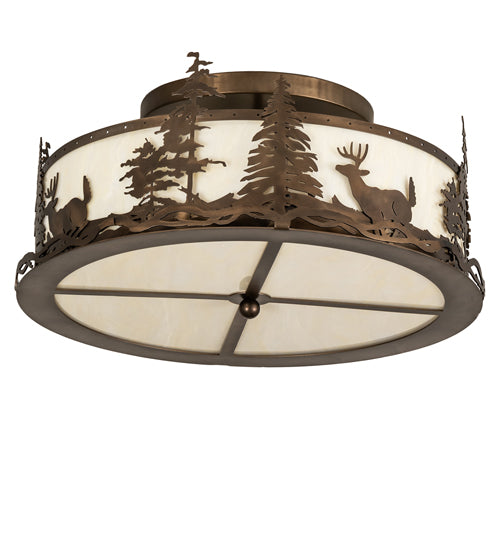 Meyda Lighting Deer at Dusk 24" 4-Light Antique Copper Semi-flush Mount Light With Creme Carrara Idalight Shade