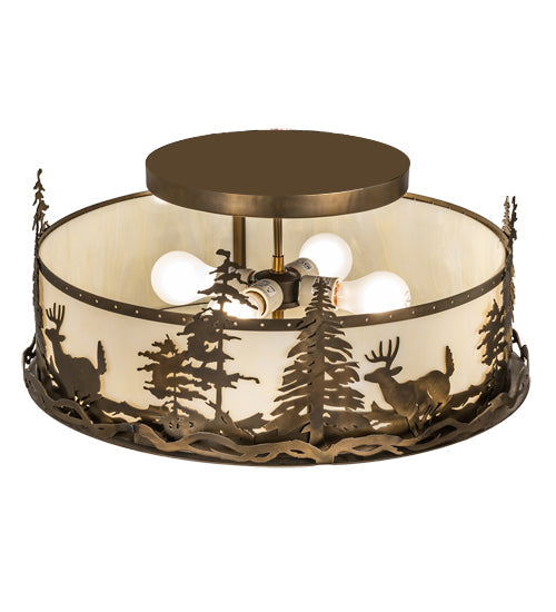 Meyda Lighting Deer at Dusk 24" 4-Light Antique Copper Semi-flush Mount Light With Creme Carrara Idalight Shade