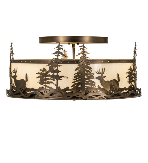 Meyda Lighting Deer at Dusk 24" 4-Light Antique Copper Semi-flush Mount Light With Creme Carrara Idalight Shade