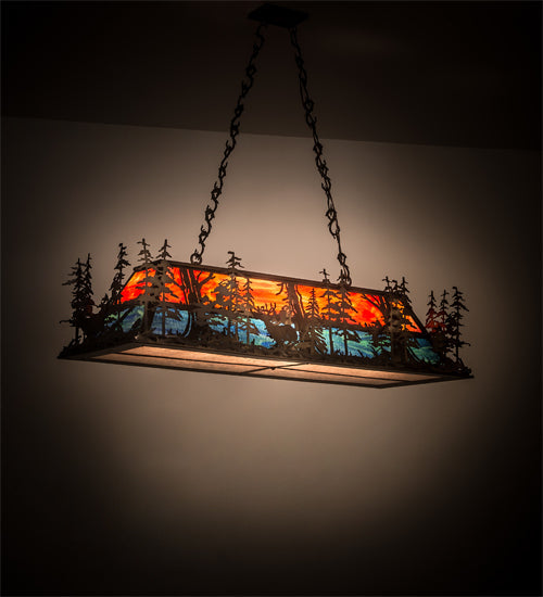 Meyda Lighting Deer at Dusk 54" 6-Light Antique Copper Island Pendant Light With Multi-Colored Shade Glass