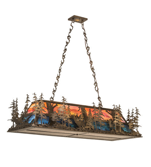Meyda Lighting Deer at Dusk 54" 6-Light Antique Copper Island Pendant Light With Multi-Colored Shade Glass