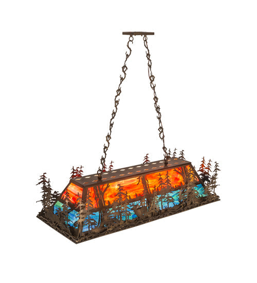 Meyda Lighting Deer at Dusk 54" 6-Light Antique Copper Island Pendant Light With Multi-Colored Shade Glass