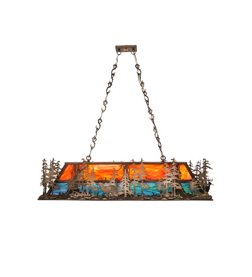 Meyda Lighting Deer at Dusk 54" 6-Light Antique Copper Island Pendant Light With Multi-Colored Shade Glass