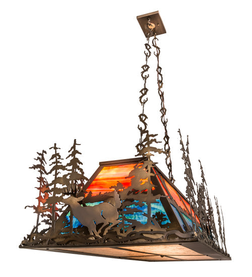 Meyda Lighting Deer at Dusk 54" 6-Light Antique Copper Island Pendant Light With Multi-Colored Shade Glass