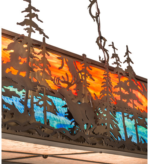 Meyda Lighting Deer at Dusk 54" 6-Light Antique Copper Island Pendant Light With Multi-Colored Shade Glass