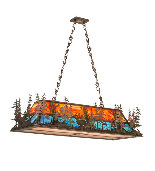 Meyda Lighting Deer at Dusk 54" 6-Light Antique Copper Island Pendant Light With Multi-Colored Shade Glass