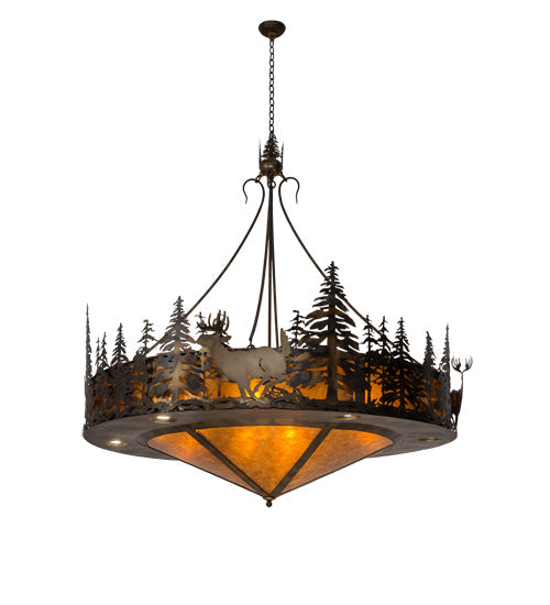 Meyda Lighting Deer at Dusk 58" 14-Light Dark Burnished Antique Copper Pendant Inverted Pendant With Amber Mica Shade Glass