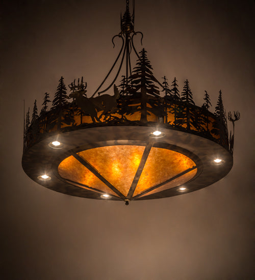 Meyda Lighting Deer at Dusk 58" 14-Light Dark Burnished Antique Copper Pendant Inverted Pendant With Amber Mica Shade Glass
