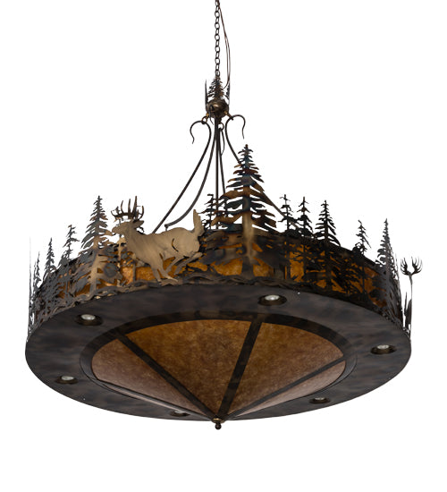 Meyda Lighting Deer at Dusk 58" 14-Light Dark Burnished Antique Copper Pendant Inverted Pendant With Amber Mica Shade Glass