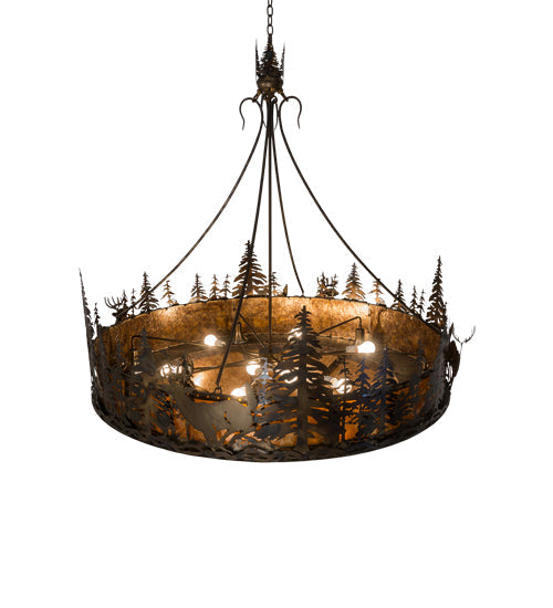 Meyda Lighting Deer at Dusk 58" 14-Light Dark Burnished Antique Copper Pendant Inverted Pendant With Amber Mica Shade Glass