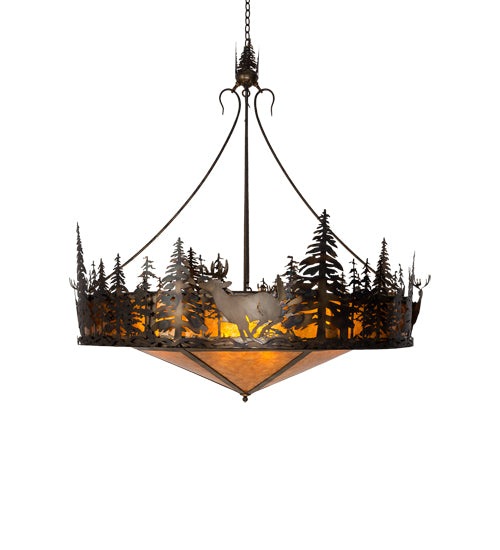 Meyda Lighting Deer at Dusk 58" 14-Light Dark Burnished Antique Copper Pendant Inverted Pendant With Amber Mica Shade Glass