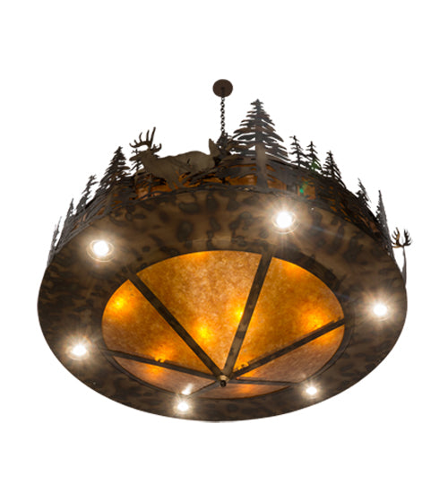 Meyda Lighting Deer at Dusk 58" 14-Light Dark Burnished Antique Copper Pendant Inverted Pendant With Amber Mica Shade Glass