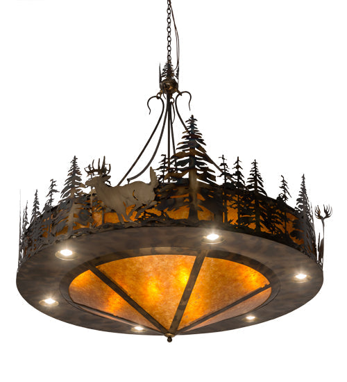 Meyda Lighting Deer at Dusk 58" 14-Light Dark Burnished Antique Copper Pendant Inverted Pendant With Amber Mica Shade Glass