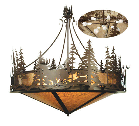 Meyda Lighting Deer at Dusk 58" 8-Light Cafe Noir Inverted Pendant Light With Silver Mica Shade Glass