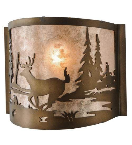 Meyda Lighting Deer at Lake 11" Antique Copper Wall Sconce With Silver Mica Shade Glass