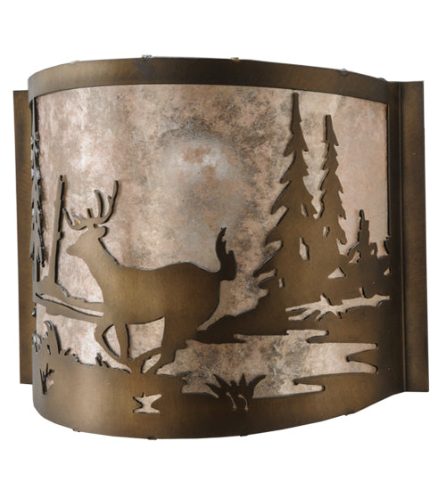 Meyda Lighting Deer at Lake 11" Antique Copper Wall Sconce With Silver Mica Shade Glass