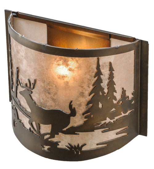 Meyda Lighting Deer at Lake 11" Antique Copper Wall Sconce With Silver Mica Shade Glass