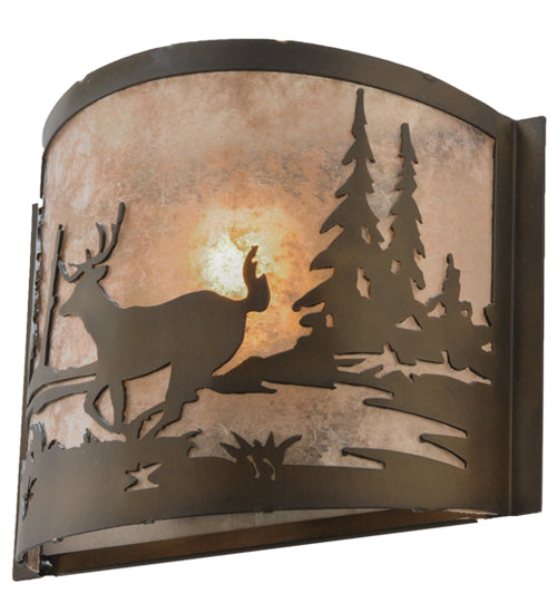 Meyda Lighting Deer at Lake 11" Antique Copper Wall Sconce With Silver Mica Shade Glass