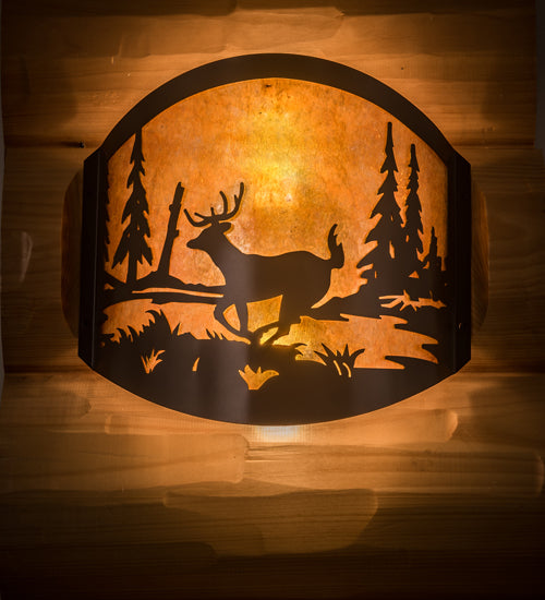 Meyda Lighting Deer at Lake 12" 2-Light Timeless Bronze Wall Sconce With Amber Mica Shade Glass
