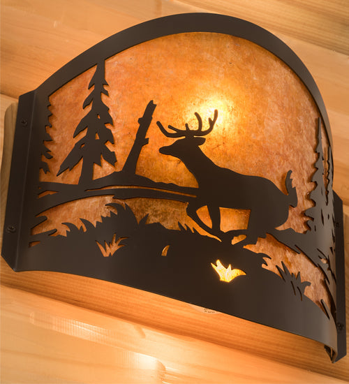 Meyda Lighting Deer at Lake 12" 2-Light Timeless Bronze Wall Sconce With Amber Mica Shade Glass