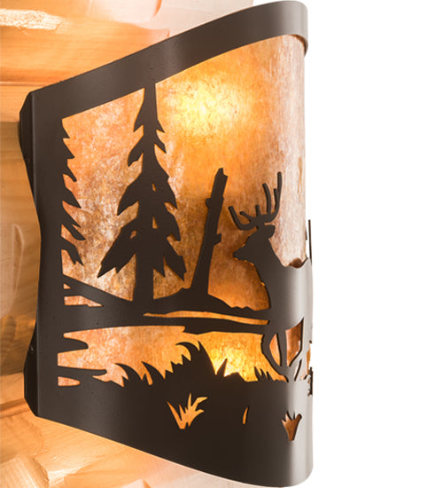 Meyda Lighting Deer at Lake 12" 2-Light Timeless Bronze Wall Sconce With Amber Mica Shade Glass