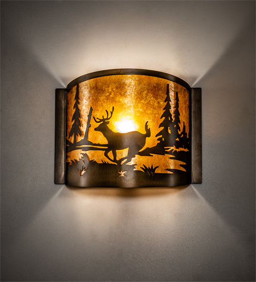 Meyda Lighting Deer at Lake 12" Antique Copper Wall Sconce With Amber Mica Shade Glass