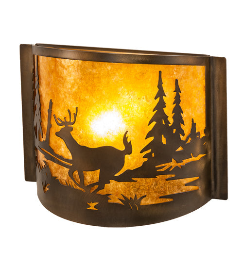 Meyda Lighting Deer at Lake 12" Antique Copper Wall Sconce With Amber Mica Shade Glass