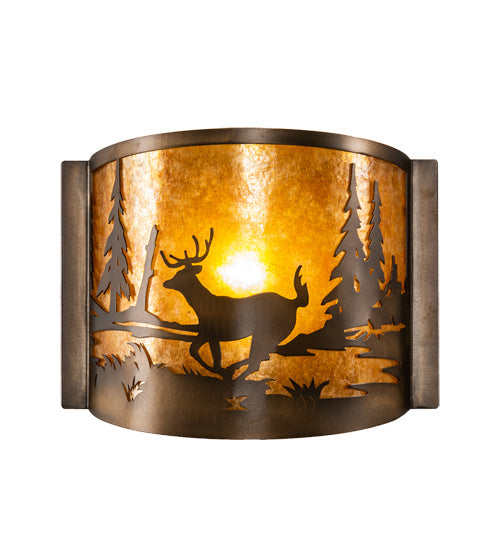 Meyda Lighting Deer at Lake 12" Antique Copper Wall Sconce With Amber Mica Shade Glass