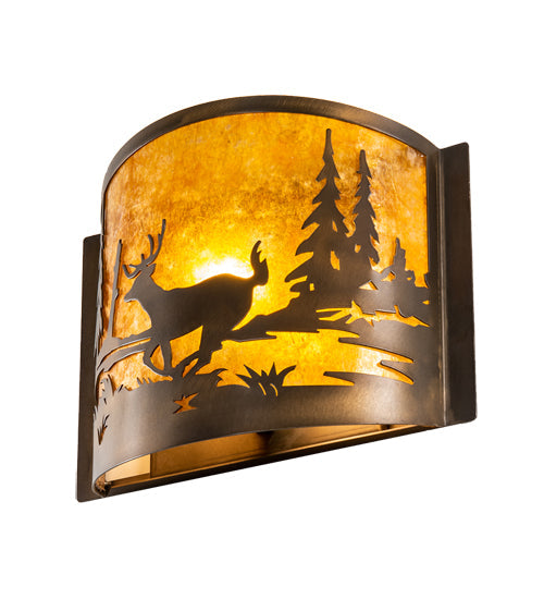 Meyda Lighting Deer at Lake 12" Antique Copper Wall Sconce With Amber Mica Shade Glass