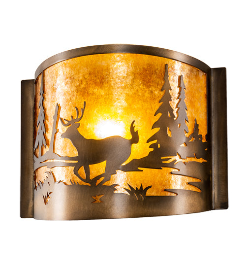 Meyda Lighting Deer at Lake 12" Antique Copper Wall Sconce With Amber Mica Shade Glass