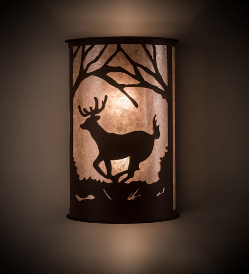 Meyda Lighting Deer at Lake 13" 2-Light Rust Wall Sconce With Silver Mica Shade Glass