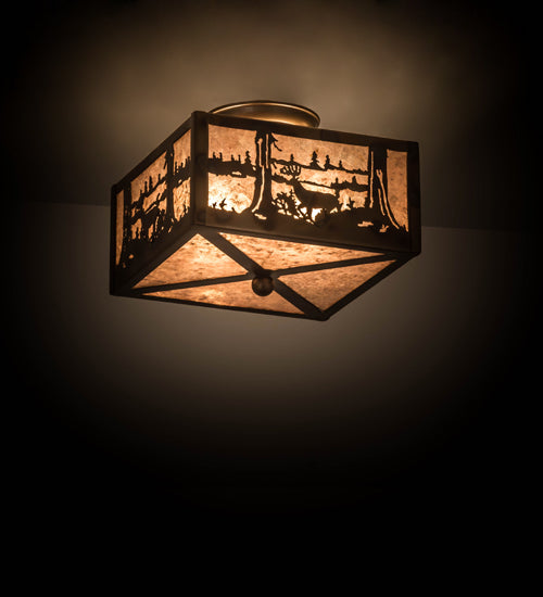 Meyda Lighting Deer at Lake 15" 2-Light Burnished Antique Copper Flush Mount Light With Silver Mica Shade Glass
