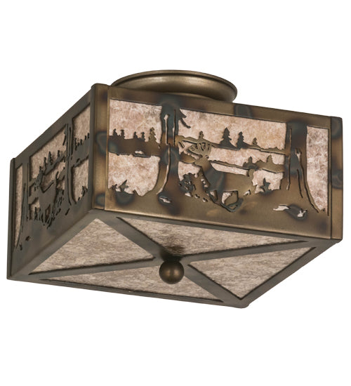 Meyda Lighting Deer at Lake 15" 2-Light Burnished Antique Copper Flush Mount Light With Silver Mica Shade Glass