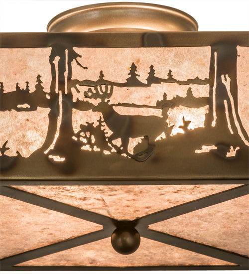 Meyda Lighting Deer at Lake 15" 2-Light Burnished Antique Copper Flush Mount Light With Silver Mica Shade Glass