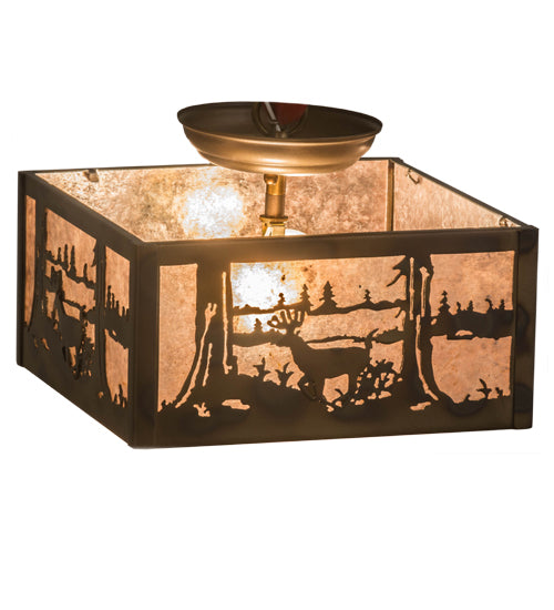 Meyda Lighting Deer at Lake 15" 2-Light Burnished Antique Copper Flush Mount Light With Silver Mica Shade Glass