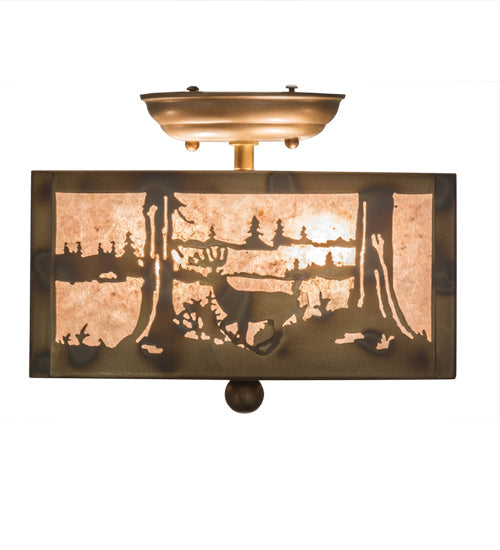 Meyda Lighting Deer at Lake 15" 2-Light Burnished Antique Copper Flush Mount Light With Silver Mica Shade Glass