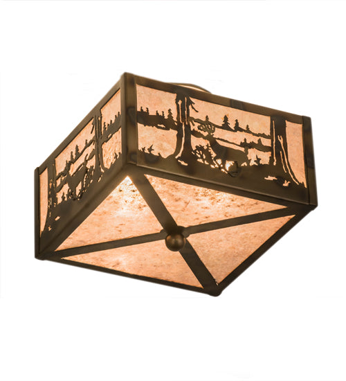 Meyda Lighting Deer at Lake 15" 2-Light Burnished Antique Copper Flush Mount Light With Silver Mica Shade Glass