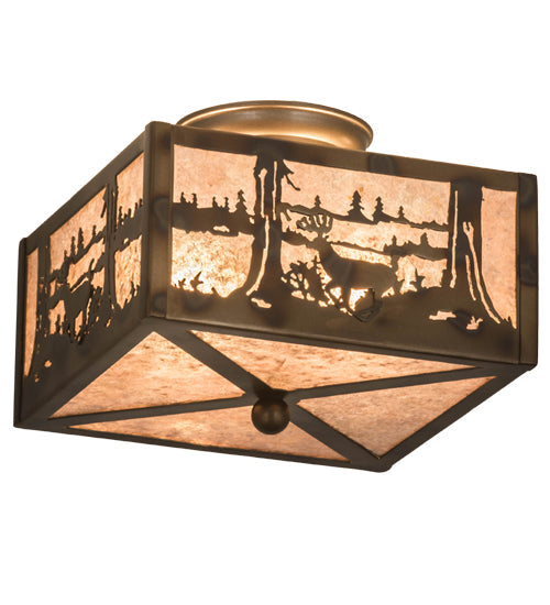 Meyda Lighting Deer at Lake 15" 2-Light Burnished Antique Copper Flush Mount Light With Silver Mica Shade Glass