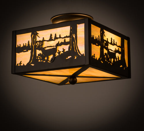 Meyda Lighting Deer at Lake 15" 2-Light Oil Rubbed Bronze Flush Mount Light With Beige Iridescent Shade Glass