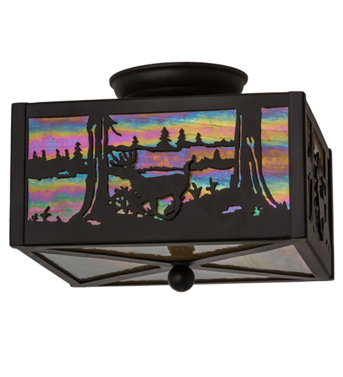Meyda Lighting Deer at Lake 15" 2-Light Oil Rubbed Bronze Flush Mount Light With Beige Iridescent Shade Glass