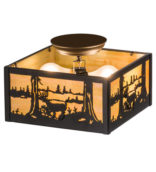 Meyda Lighting Deer at Lake 15" 2-Light Oil Rubbed Bronze Flush Mount Light With Beige Iridescent Shade Glass