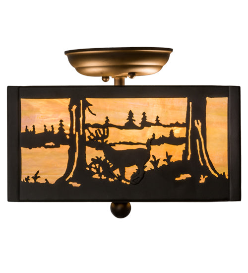 Meyda Lighting Deer at Lake 15" 2-Light Oil Rubbed Bronze Flush Mount Light With Beige Iridescent Shade Glass