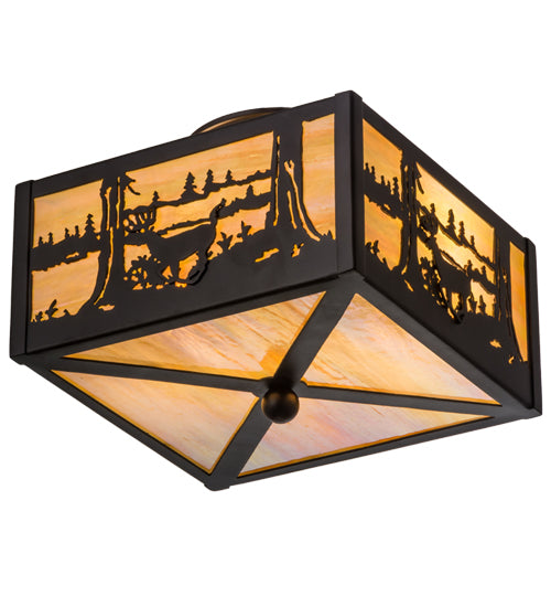 Meyda Lighting Deer at Lake 15" 2-Light Oil Rubbed Bronze Flush Mount Light With Beige Iridescent Shade Glass